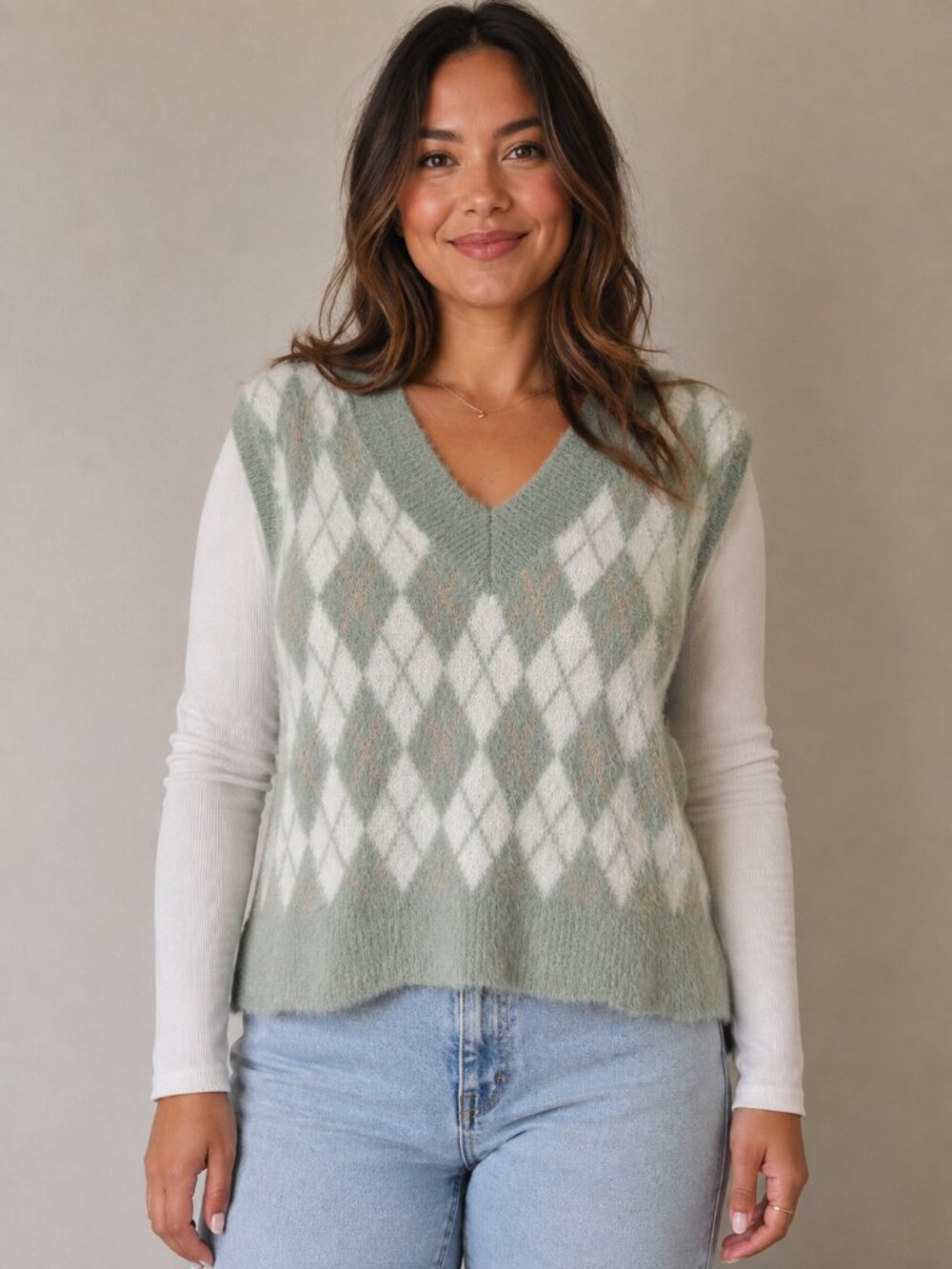 William Rast Fuzzy Argyle Sweater Vest Sage Green L